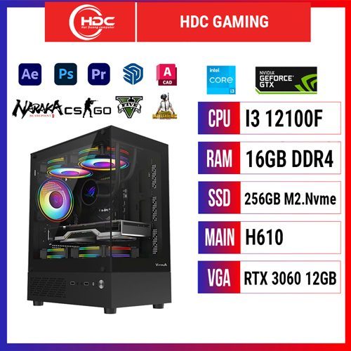 PC HDC GAMING CPU Intel i3 12100F – RAM 16GB DDR4 – SSD 256GB – MAIN H610 - VGA RTX 3060 12GB